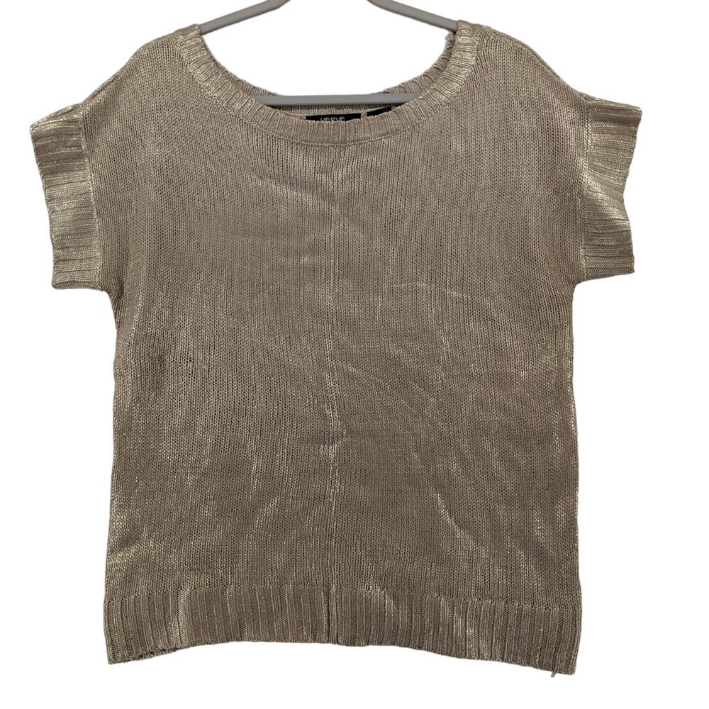 Verve Ami Sweater XL Gold Metallic Rib‎ Knit Crew Neck Short Sleeve Sparkle Work